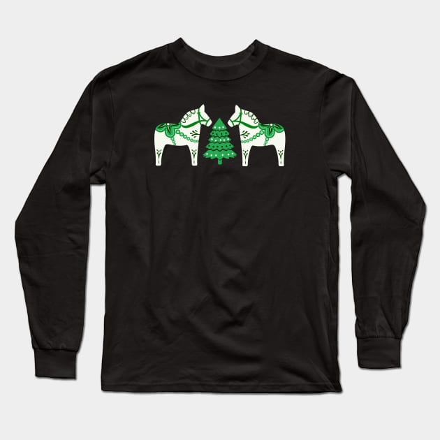 Christmas Dala Horse in green Long Sleeve T-Shirt by Jennifer Ladd